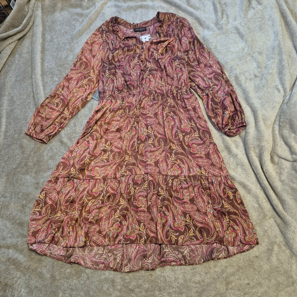 Lane Bryant Womens 16 Paisley Midi Dress Brown Pink Long Sleeve NWT